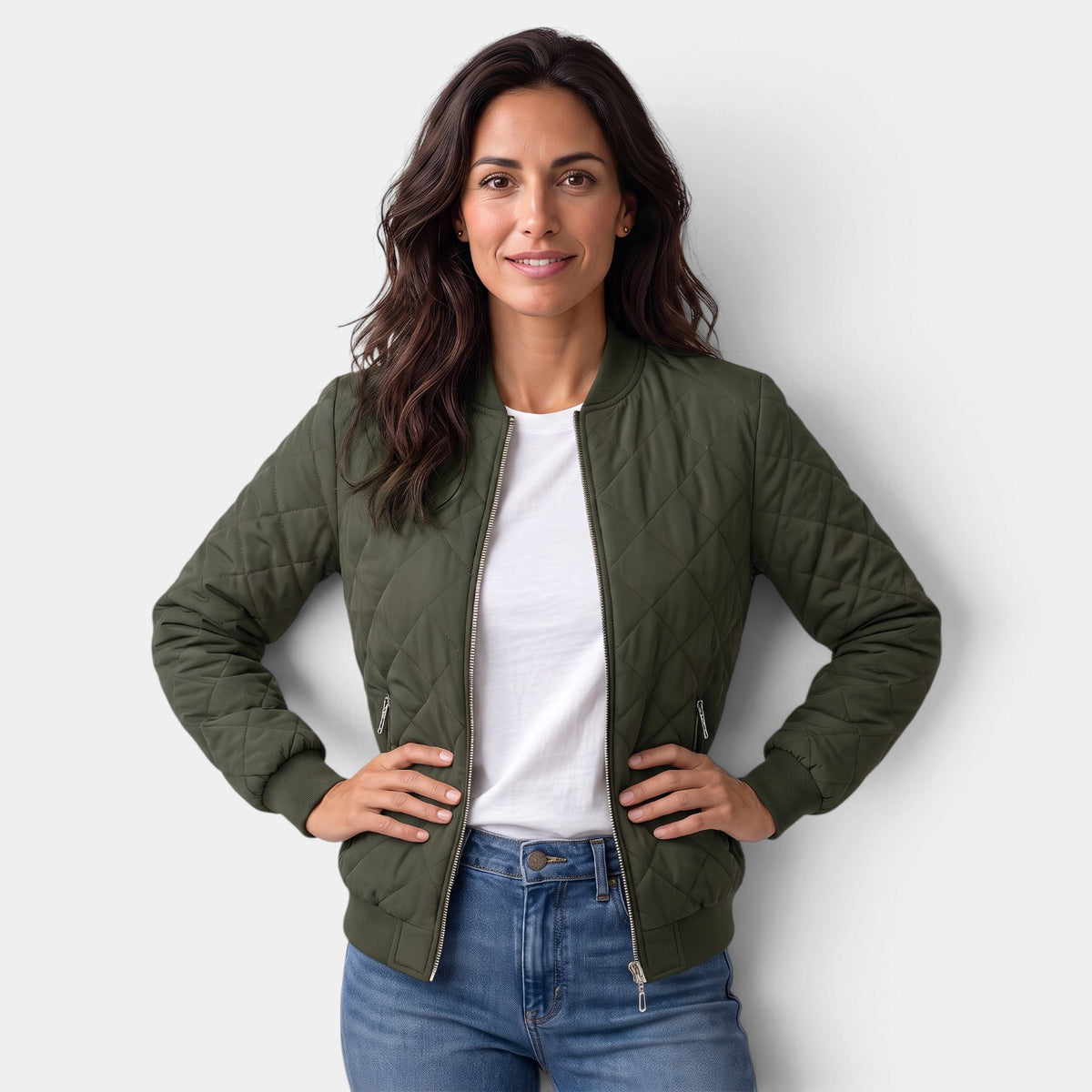 Women's Quilted Bomber Jacket with Pockets