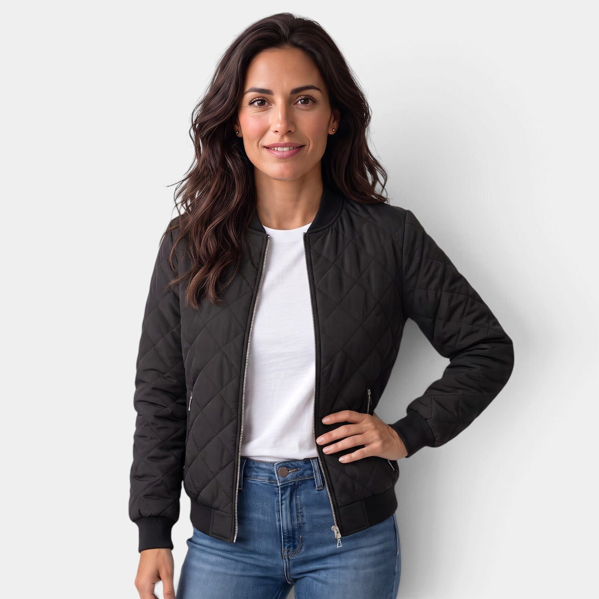 Women's Quilted Bomber Jacket with Pockets
