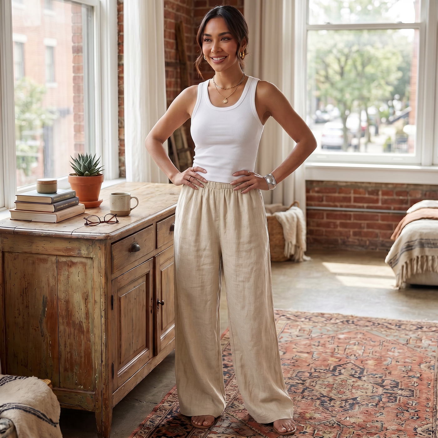 Women's Wide Leg Linen Cotton Summer Pants