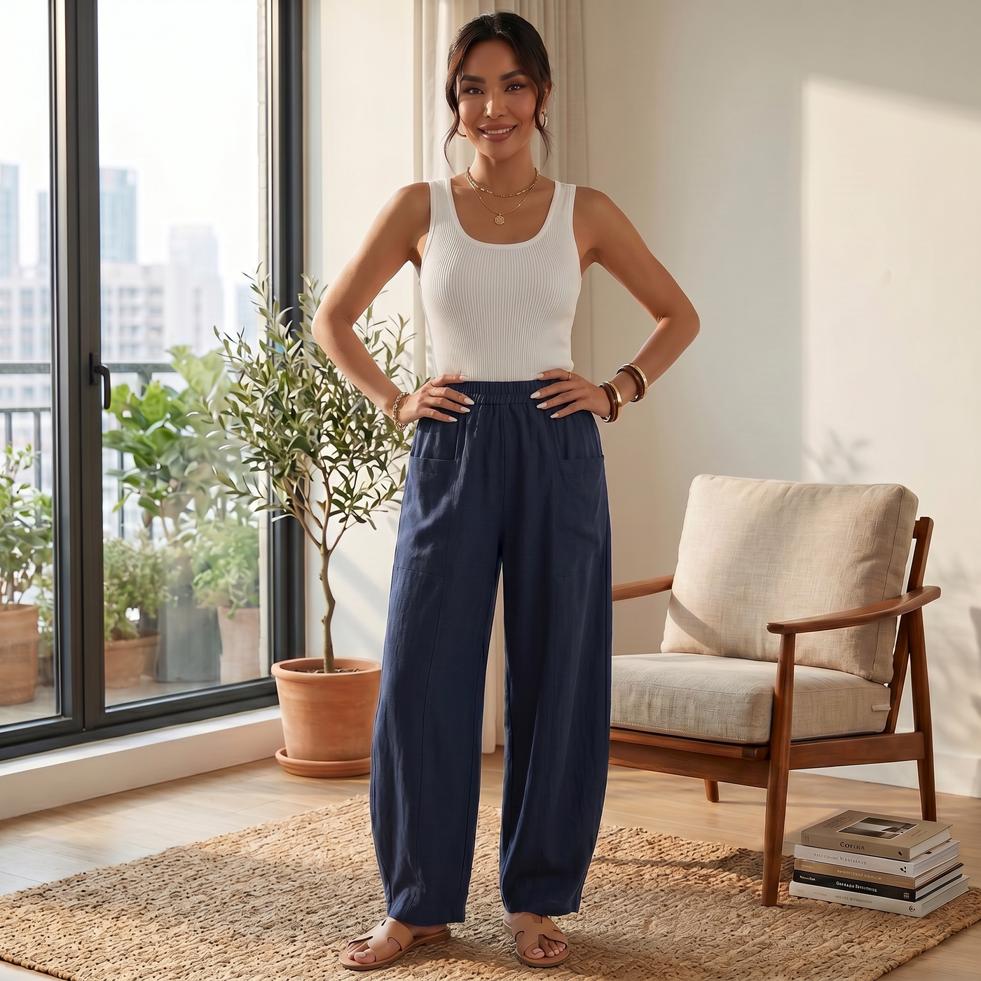 Women's Wide Linen Pants with Elastic Waist
