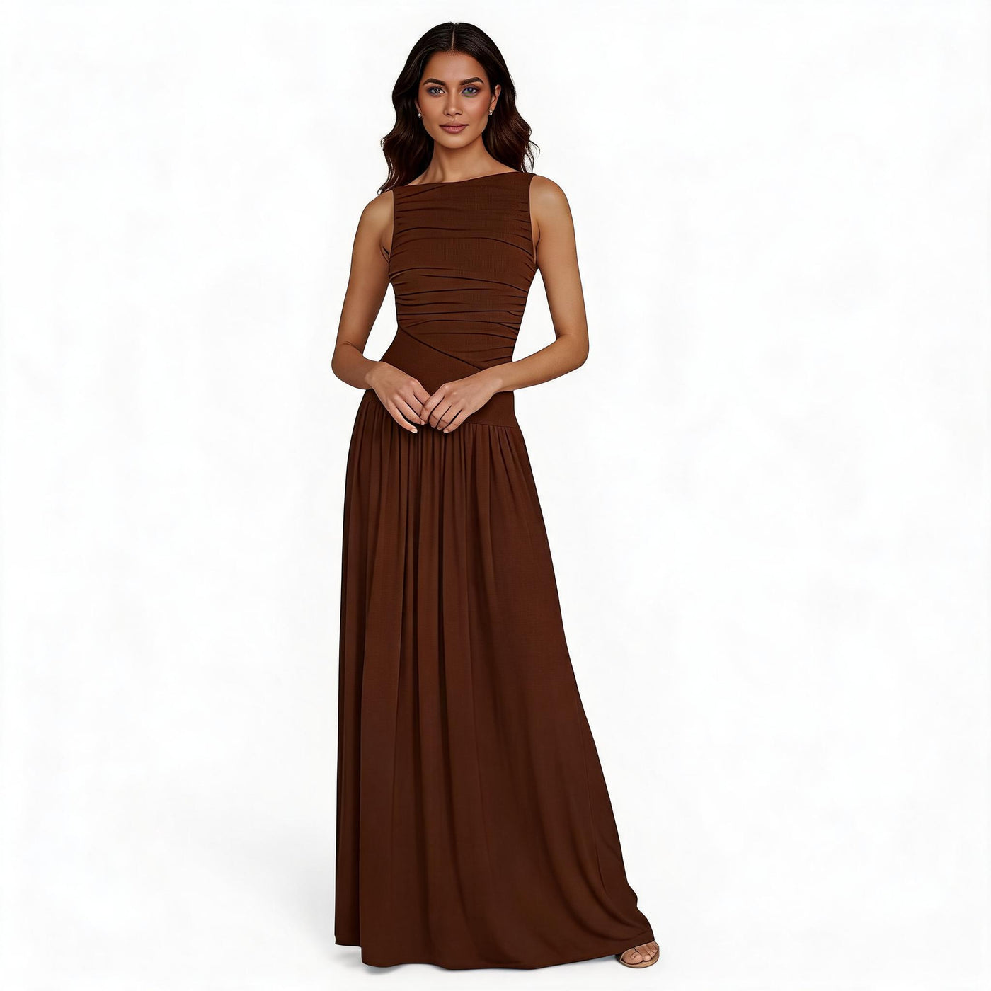 Vestido Ajustado Sin Mangas Plisado Elegante Color Sólido Mujer