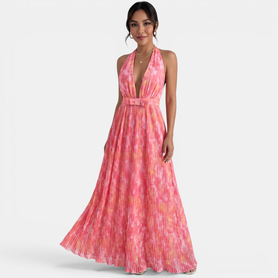Pleated Pink Halter Maxi Dress