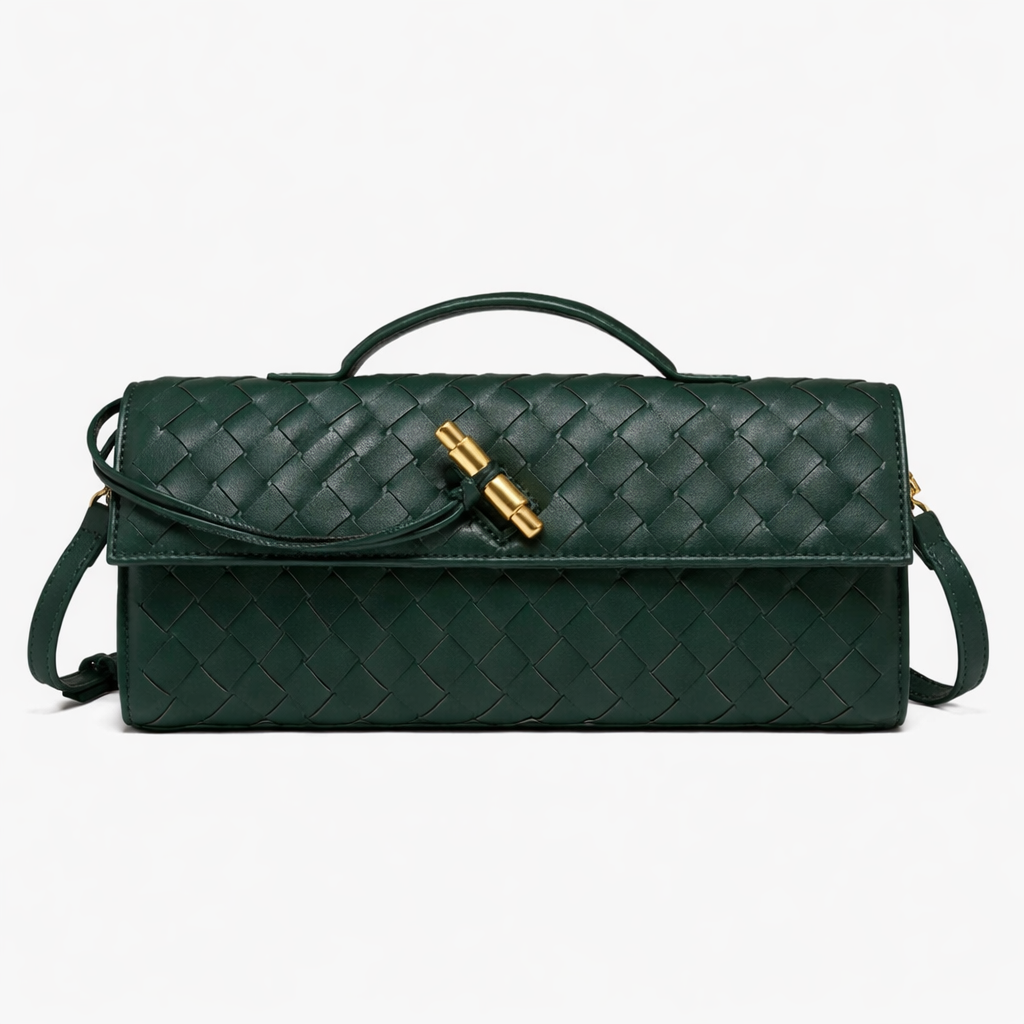 Women's Woven Vegan Leather Clutch - Evening Handbag, Gold Clasp