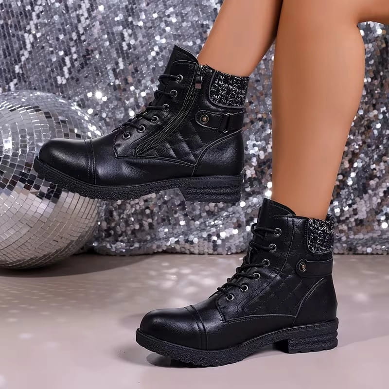 Women's Leather Ankle Boots - Block Heel, Side Zip