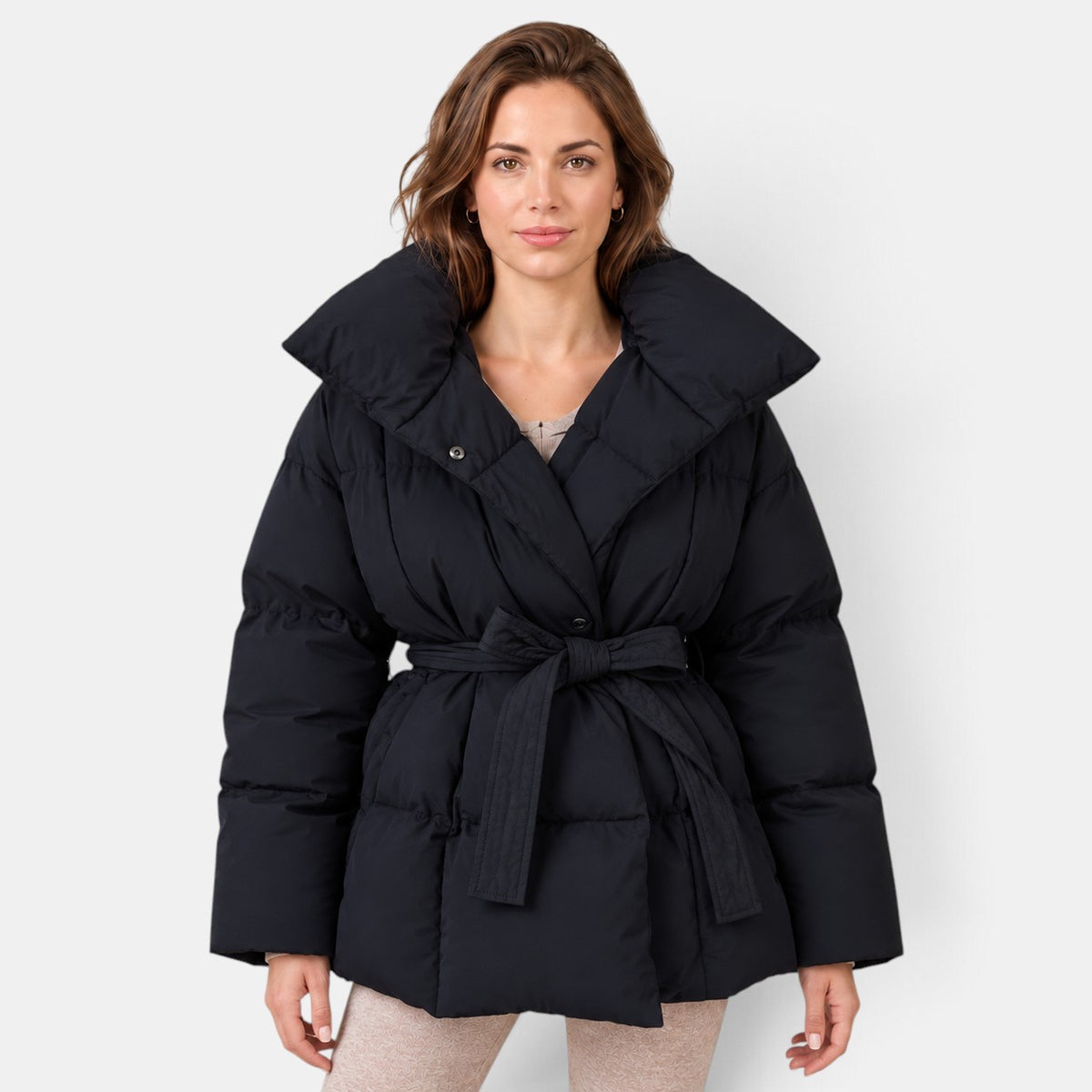 Women's Belted Puffer Coat - High Neck Quilted Jacket