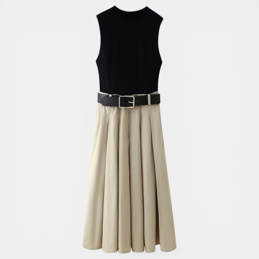 Pleated Black and Brown Midi Dress