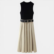 Vestido Midi Plisado Negro y Marrón