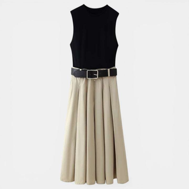 Pleated Black and Brown Midi Dress
