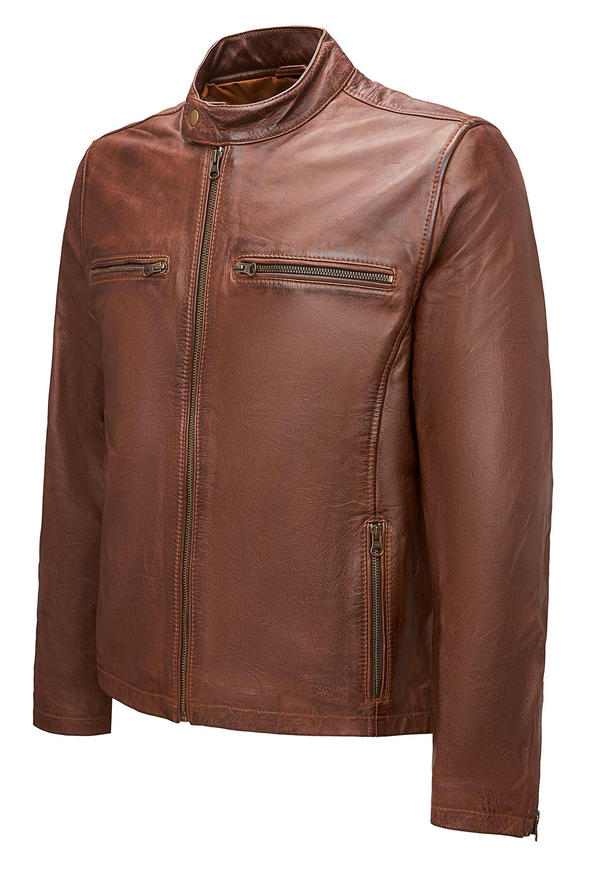 Chaqueta de Cuero Hombre Marrón con Cremalleras