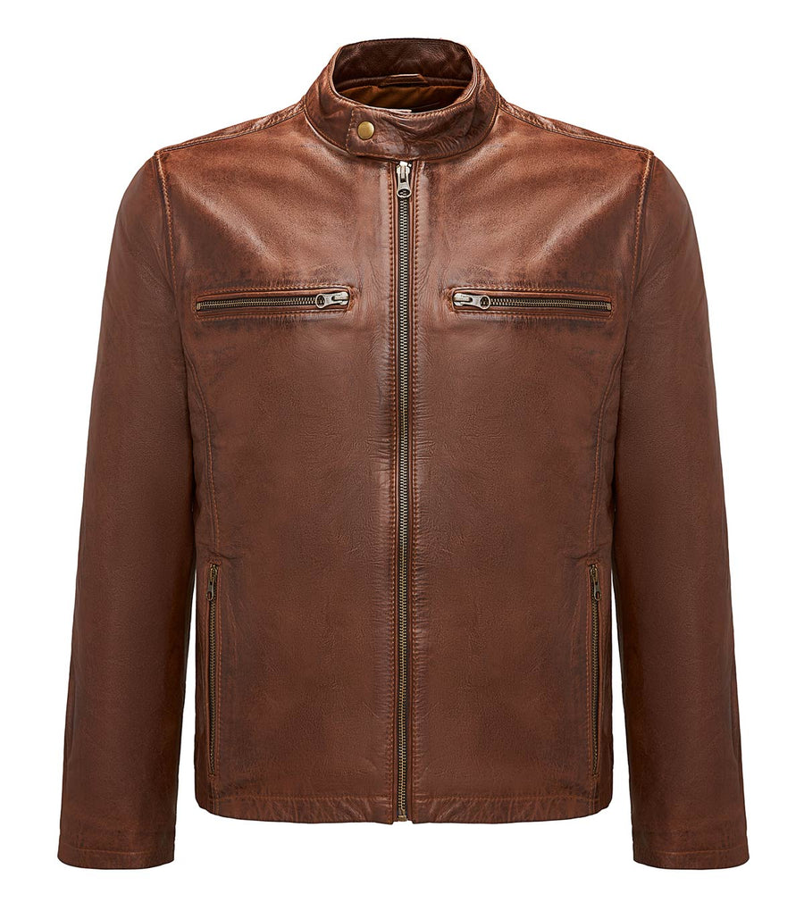 Chaqueta de Cuero Hombre Marrón con Cremalleras