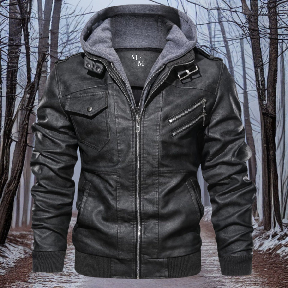 Men's warm hooded leather jacket
