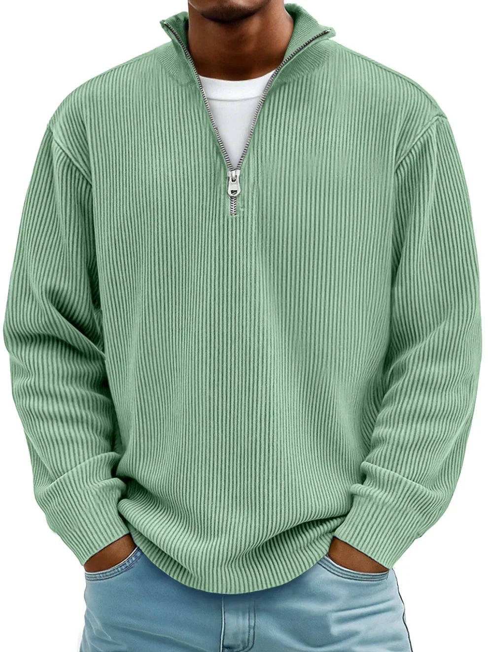 Men's Red Half-Zip Ribbed Knit Sweatshirt