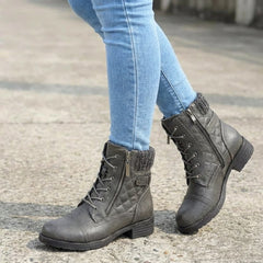 Women's Leather Ankle Boots - Block Heel, Side Zip