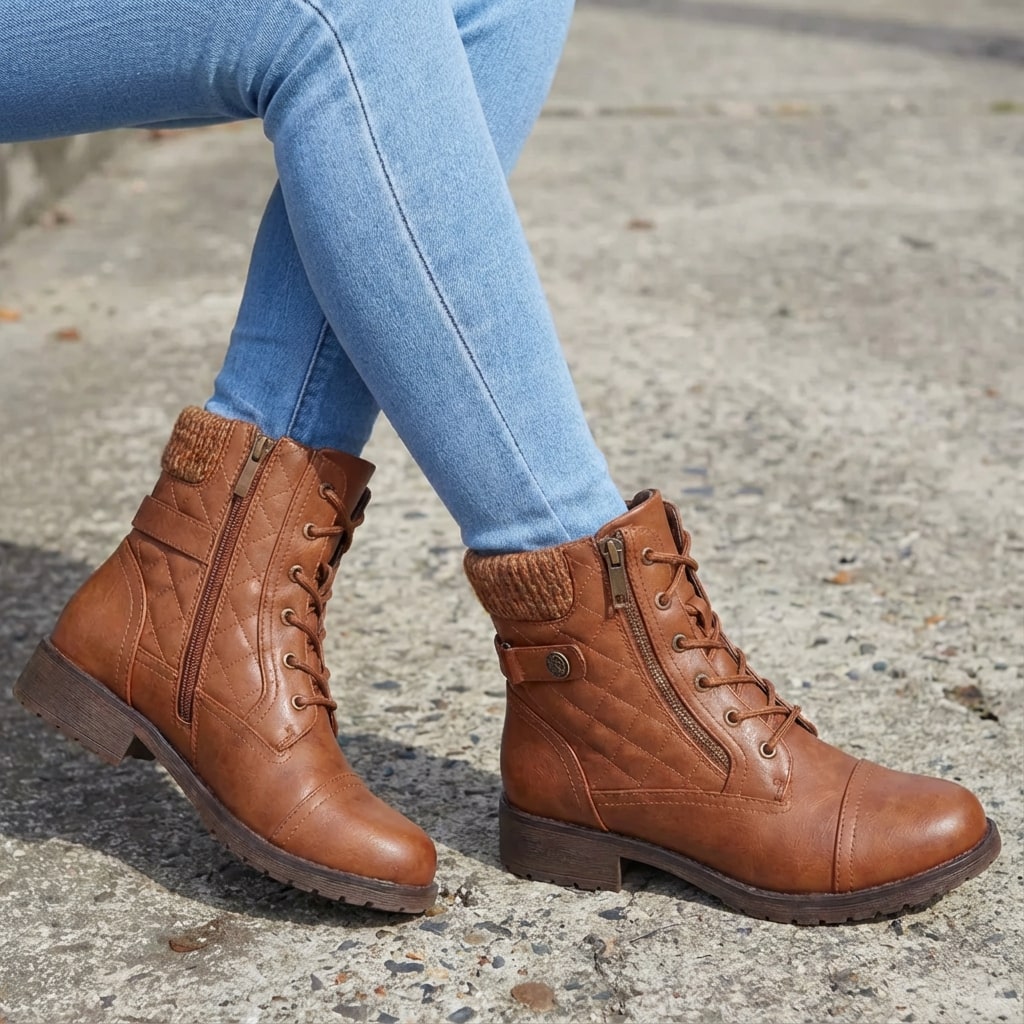 Women's Leather Ankle Boots - Block Heel, Side Zip