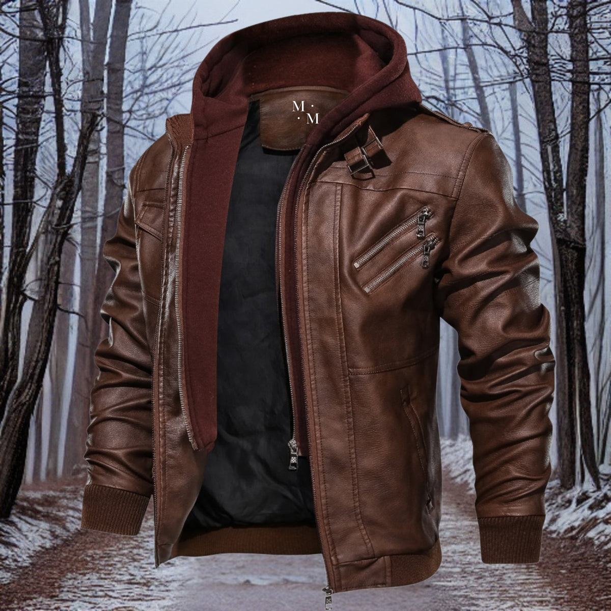 Men's warm hooded leather jacket