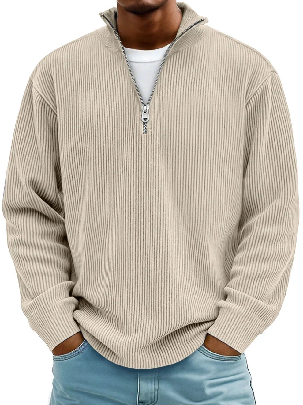 Men's Red Half-Zip Ribbed Knit Sweatshirt