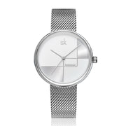 Women's Geometric Quartz Watch with Mesh Strap