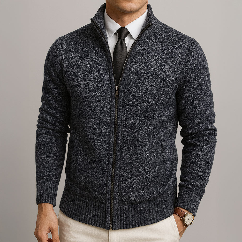 Jersey Hombre Cremallera Completa Lana Jaspeada Cuello Alto