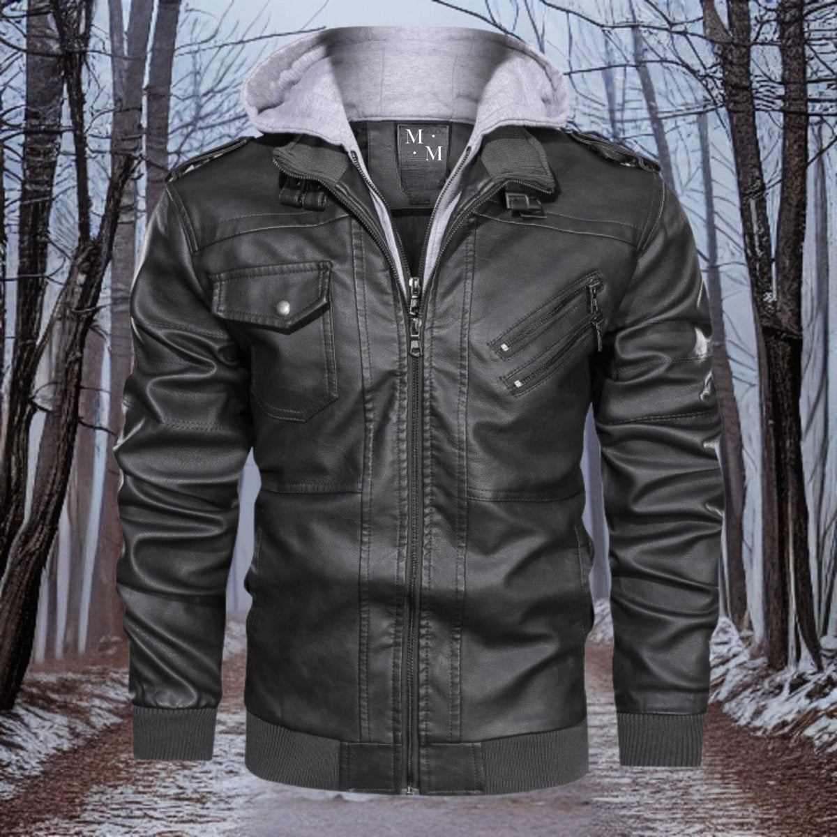 Men's warm hooded leather jacket