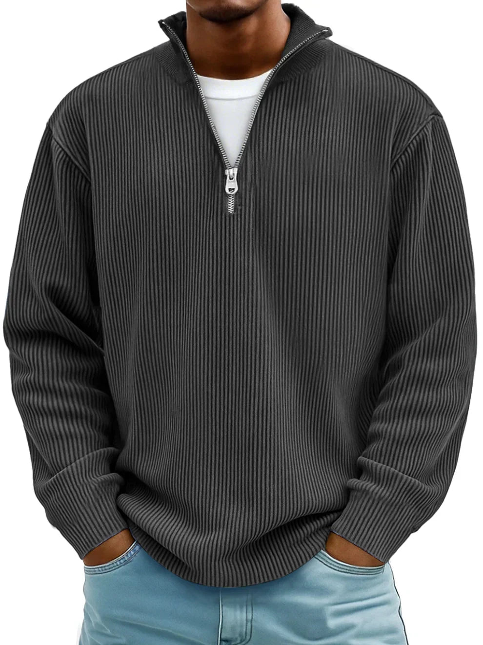 Men's Red Half-Zip Ribbed Knit Sweatshirt