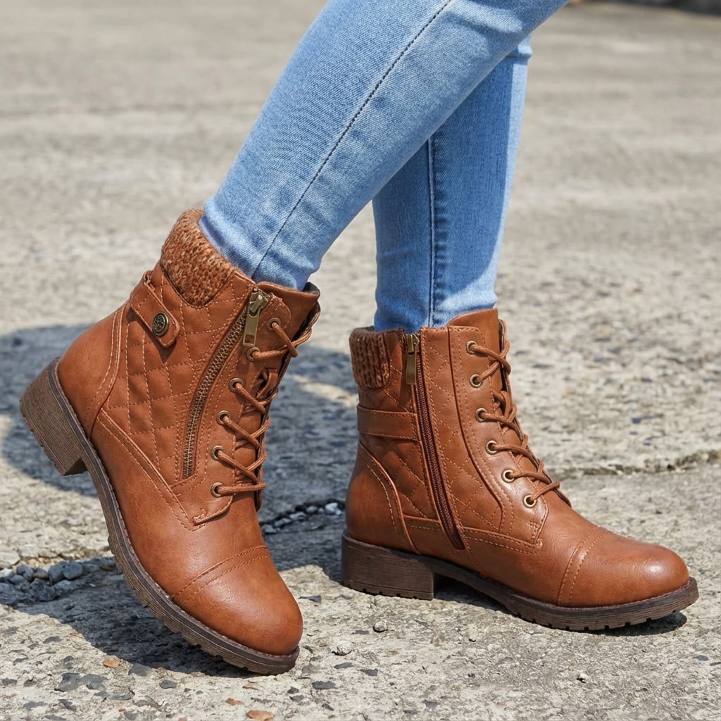 Women's Leather Ankle Boots - Block Heel, Side Zip