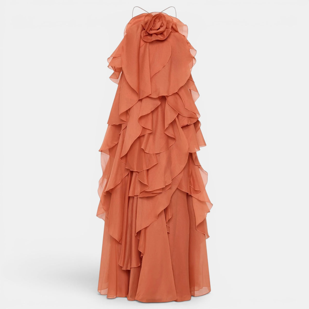 Women's Red Halter Maxi Dress - Open Back, Floral Detail, Ruffles