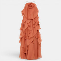 Women's Red Halter Maxi Dress - Open Back, Floral Detail, Ruffles