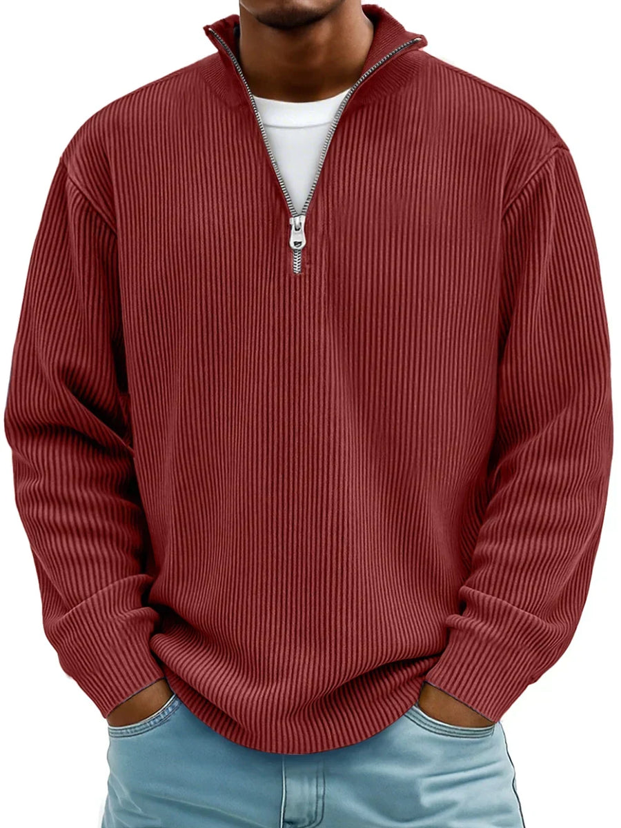 Men's Red Half-Zip Ribbed Knit Sweatshirt