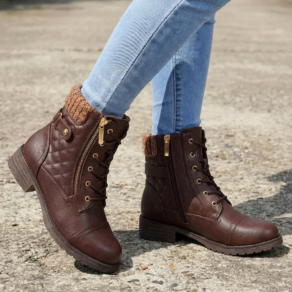 Women's Leather Ankle Boots - Block Heel, Side Zip
