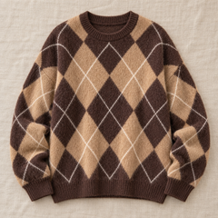 Women's Argyle Knit Sweater - Classic Crew Neck Pullover
