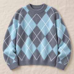 Women's Argyle Knit Sweater - Classic Crew Neck Pullover