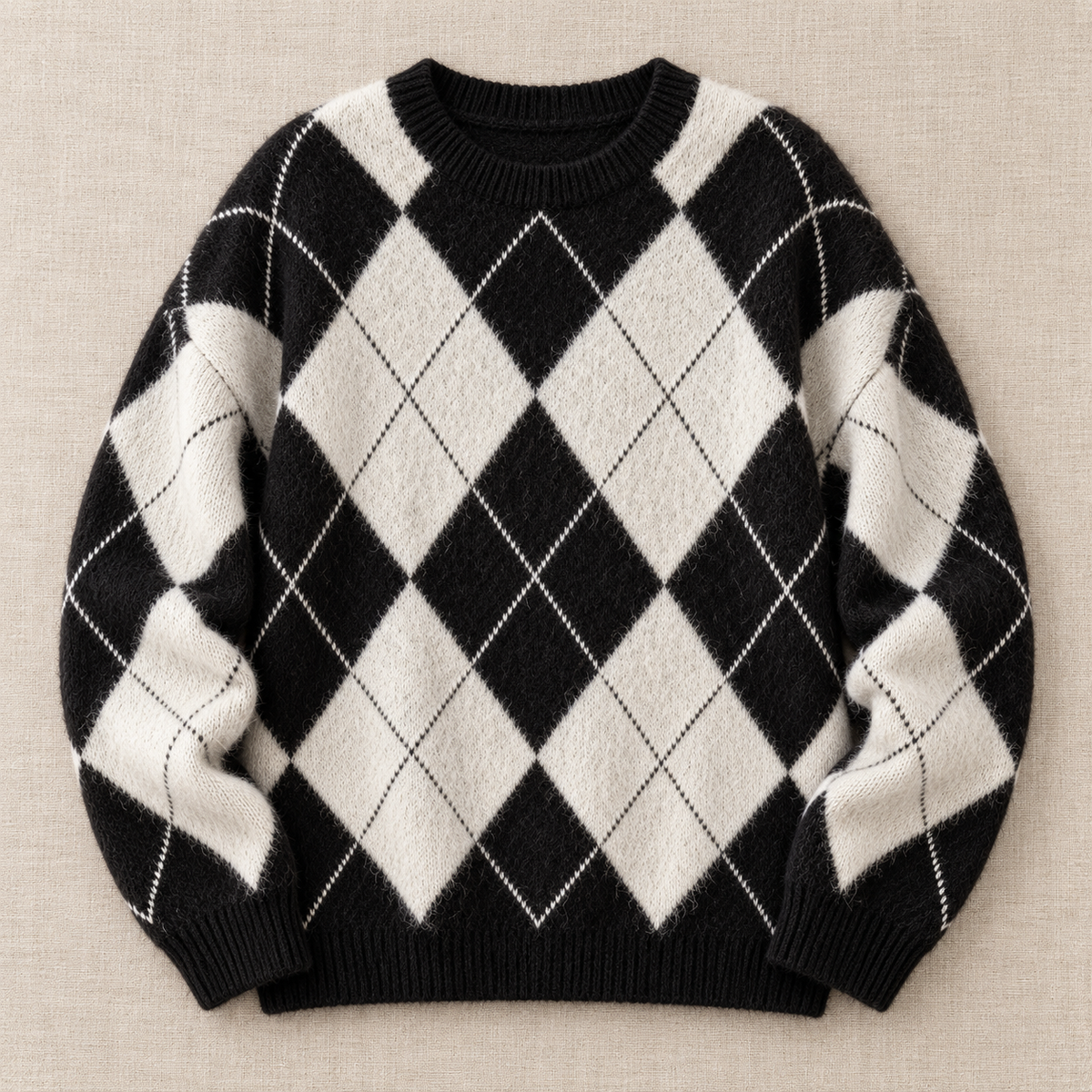 Women's Argyle Knit Sweater - Classic Crew Neck Pullover