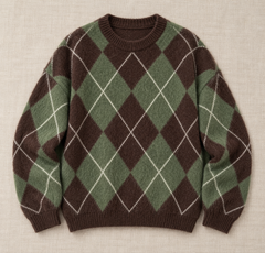 Women's Argyle Knit Sweater - Classic Crew Neck Pullover
