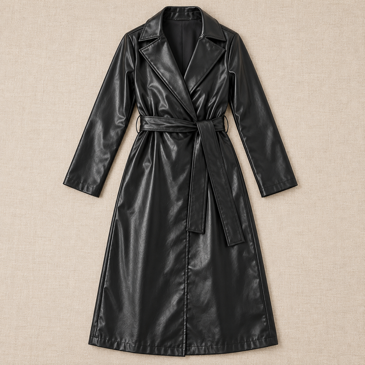 Women's Black Faux Leather Trench Coat - Belted, Long