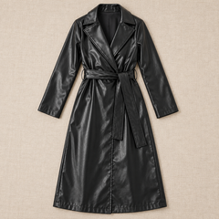 Women's Black Faux Leather Trench Coat - Belted, Long