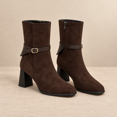 Botines Mujer de Ante Sintético con Hebilla y Tacón