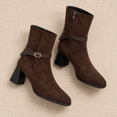 Botines Mujer de Ante Sintético con Hebilla y Tacón