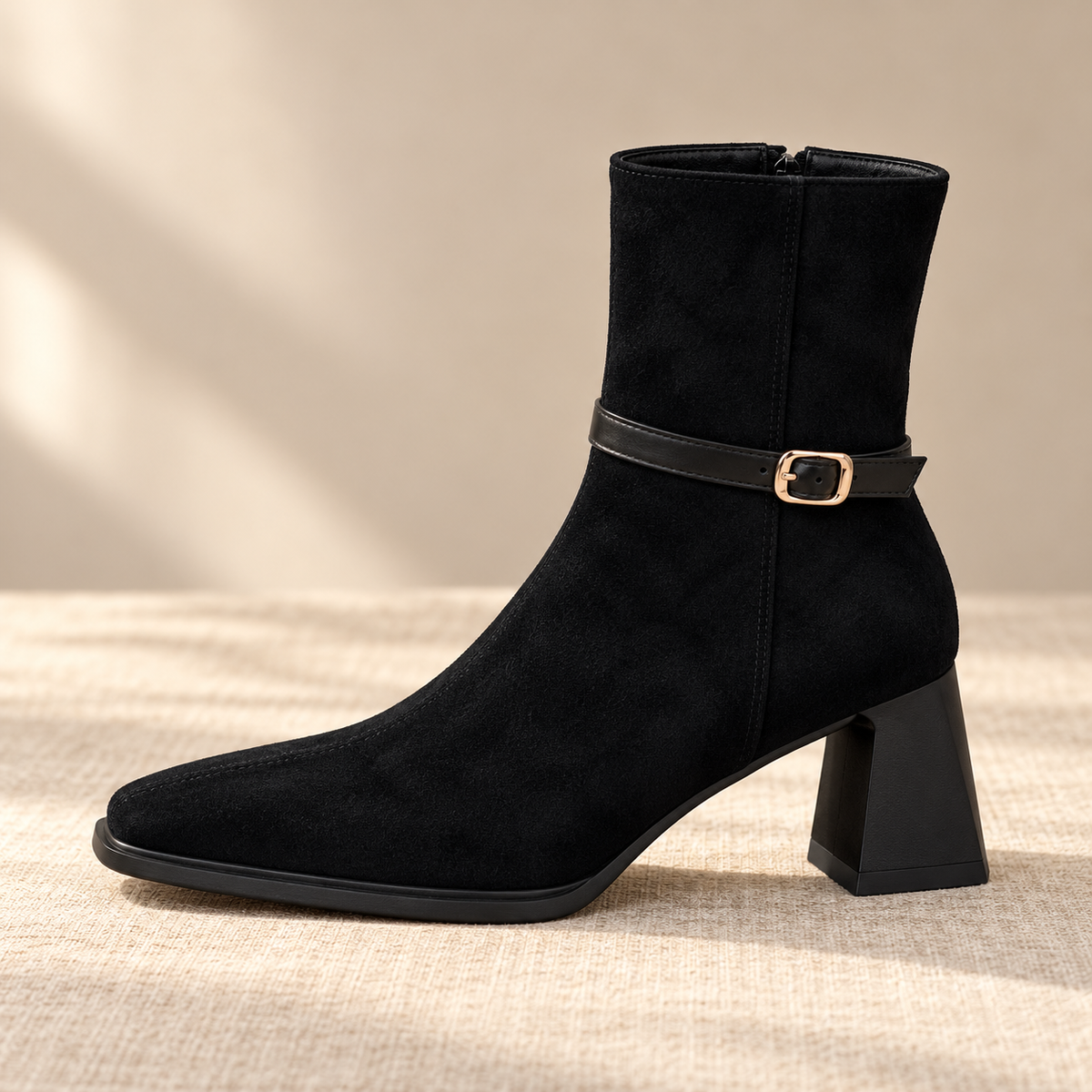 Botines Mujer de Ante Sintético con Hebilla y Tacón
