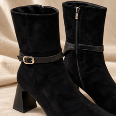 Botines Mujer de Ante Sintético con Hebilla y Tacón