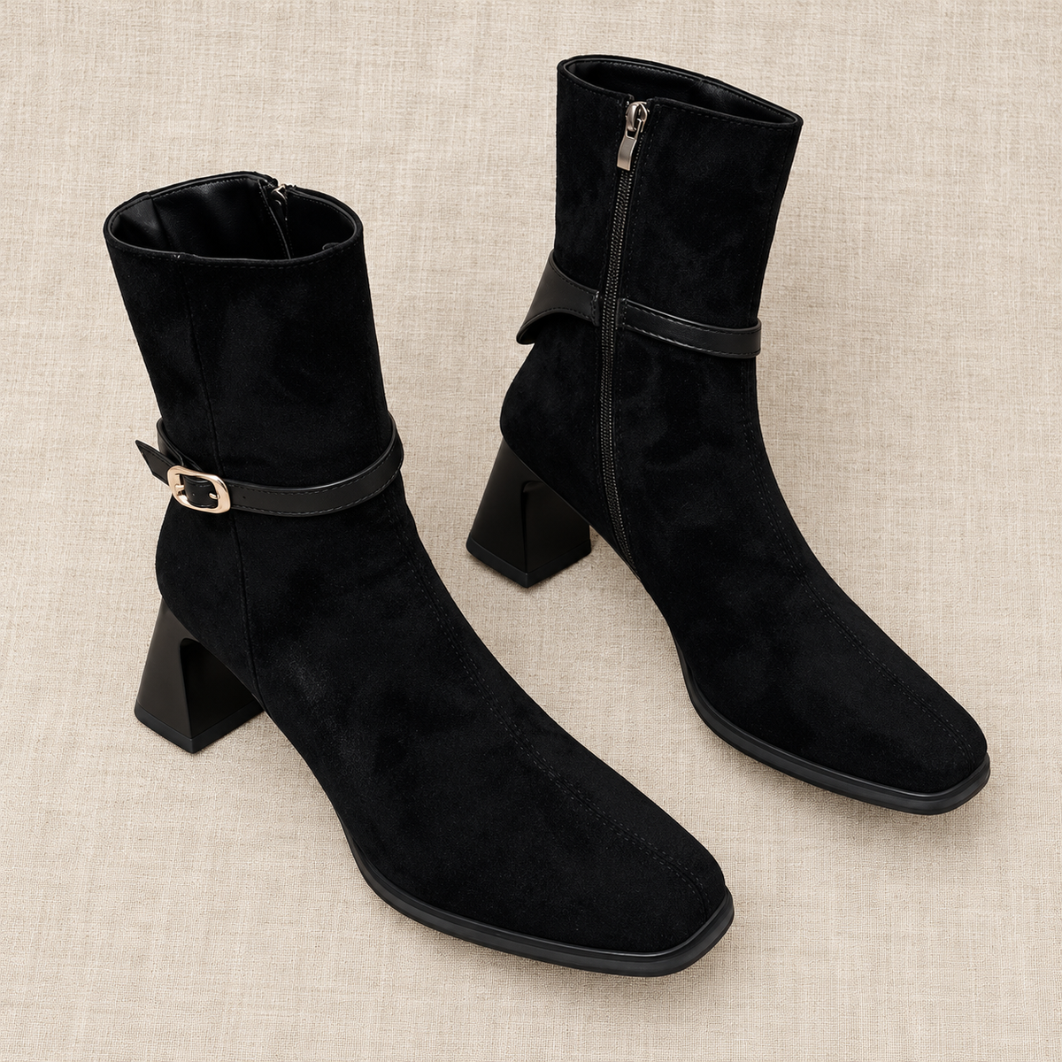 Botines Mujer de Ante Sintético con Hebilla y Tacón
