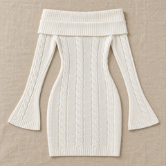 Women's White Cable Knit Off-the-Shoulder Mini Sweater Dress