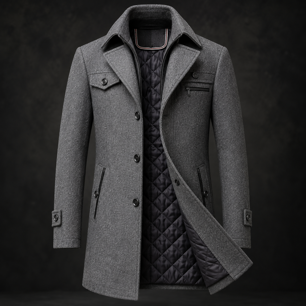Men's Wool Coat with Quilted Lining - Warm Winter Overcoat