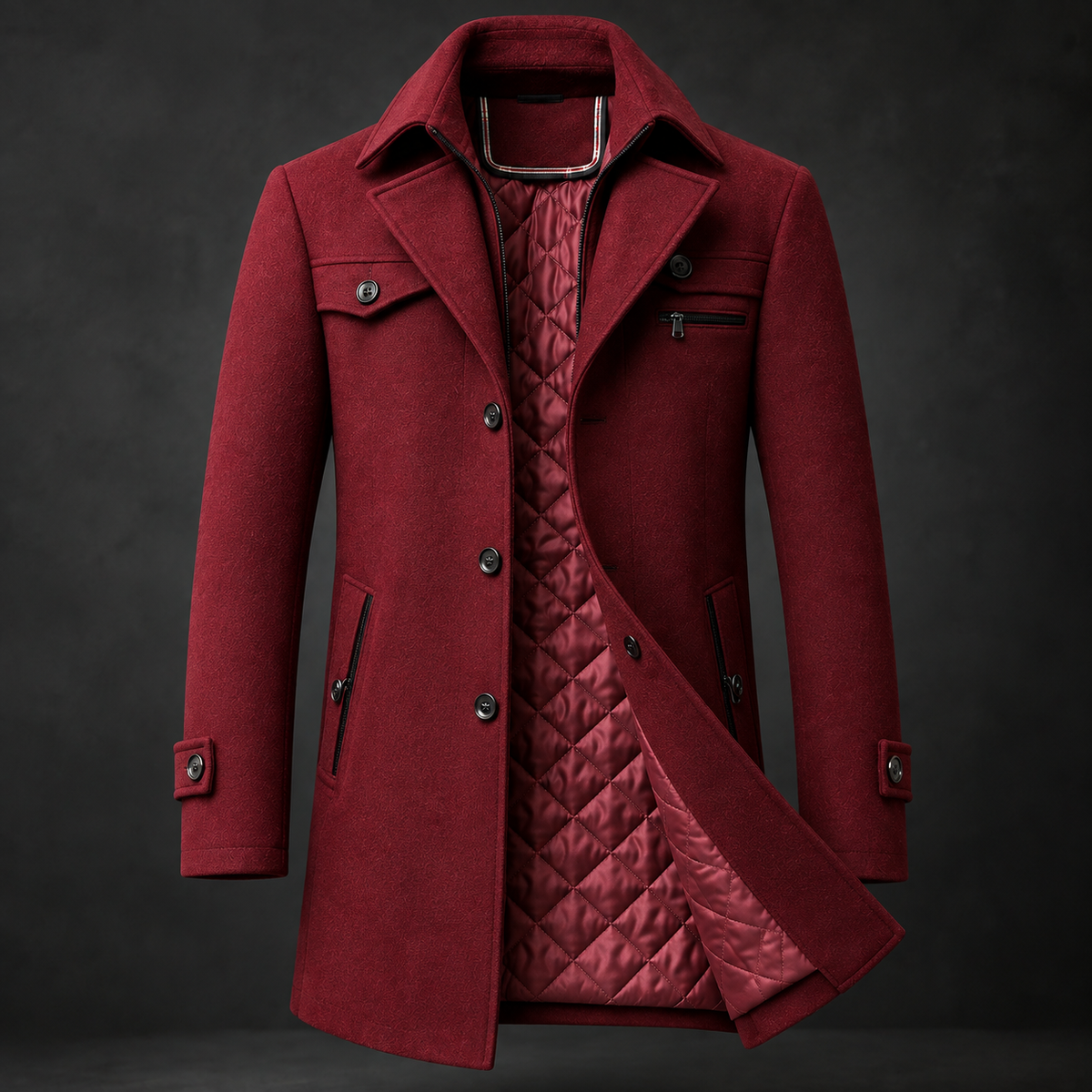 Men's Wool Coat with Quilted Lining - Warm Winter Overcoat