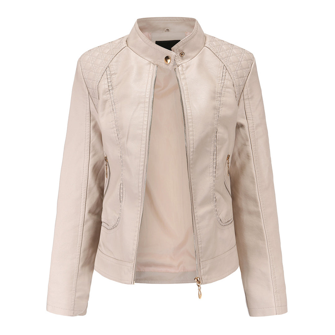 Chaqueta Biker Mujer Cropped en Polipiel con Cuello Alto