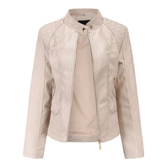 Chaqueta Biker Mujer Cropped en Polipiel con Cuello Alto