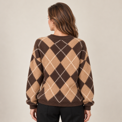 Women's Argyle Knit Sweater - Classic Crew Neck Pullover