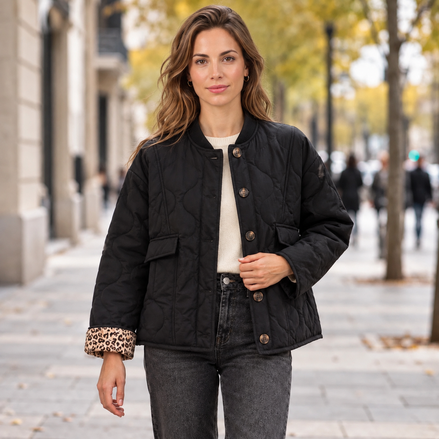 Chaqueta Acolchada Corta Mujer con Forro de Leopardo y Botones