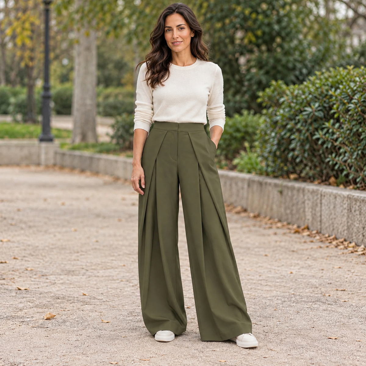 Women's High-Waisted Pleated Wide Leg Pants - Front Darts