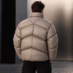Men's High Neck Zip-Up Puffer Jacket - Quilted Stand Collar