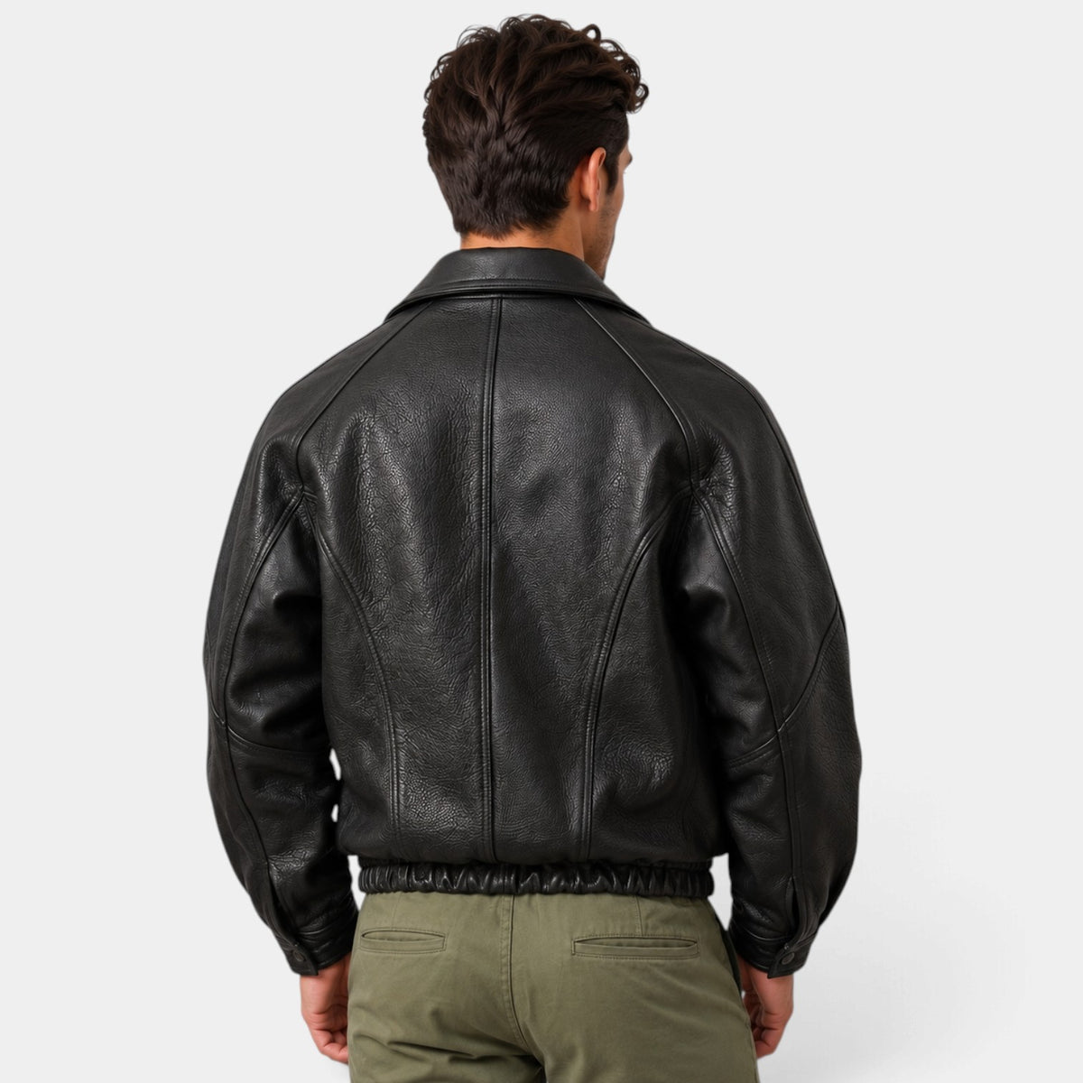 Men's black leather jacket with zipper and elastic hem